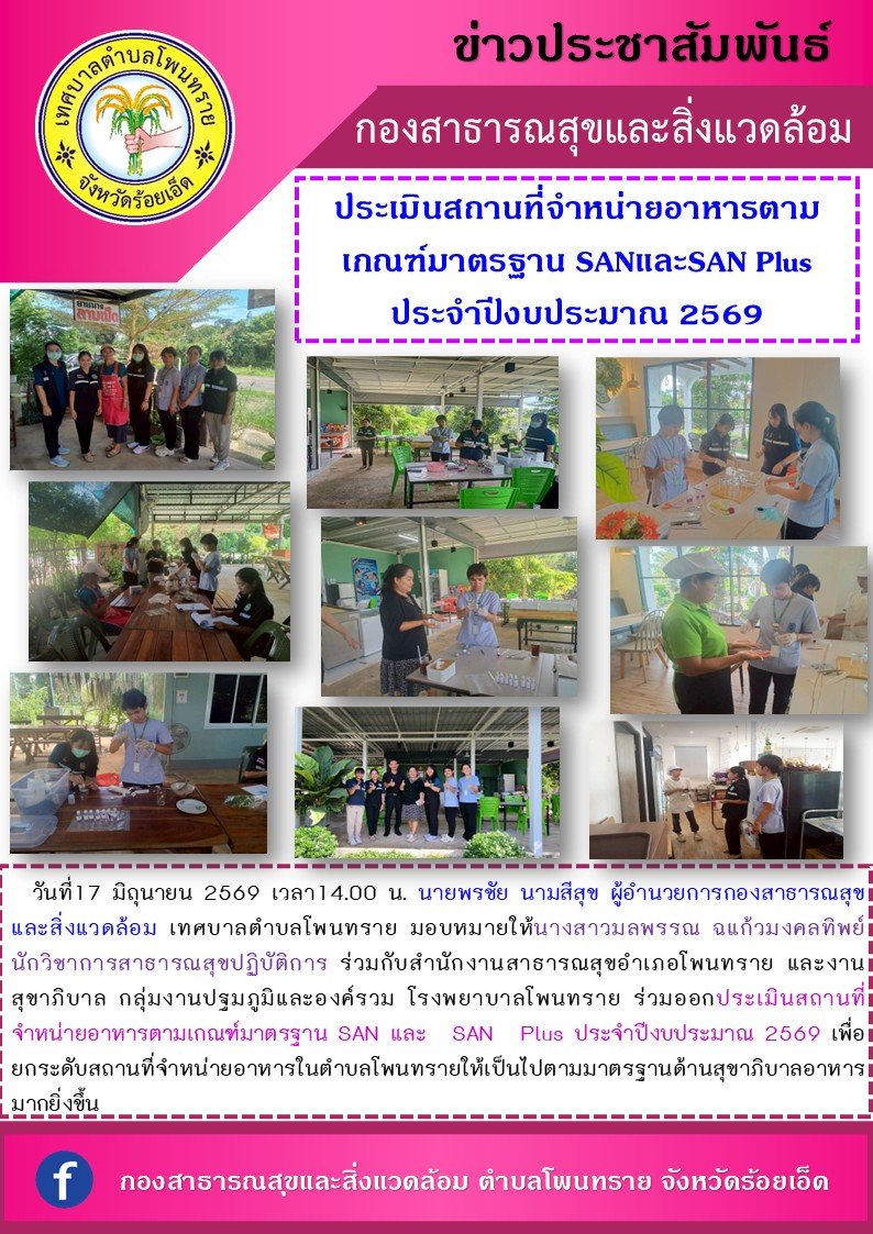 ประเมินสถานที่จำหน่ายอาหารตามเกณฑ์มาตรฐาน SAN และ SAN Plus ประจำปีงบประมาณ 2569 