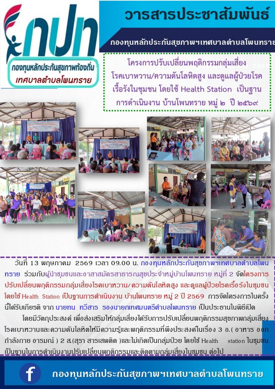 โครงการปรับเปลี่ยนพฤติกรรมกลุ่มเสี่ยงโรคเบาหวาน/ความดันโลหิตสูง และดูแลผู้ป่วยโรคเรื้อรังในชุมชน โดยใช้ Health Station  เป็นฐานการดำเนินงาน บ้านโพนทราย หมู่ 2  ปี 2569