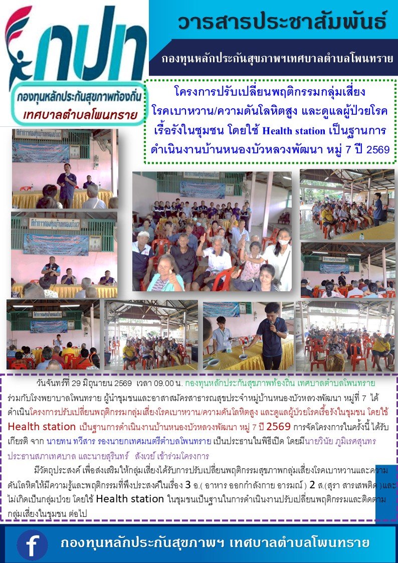 “ โครงการปรับเปลี่ยนพฤติกรรมกลุ่มเสี่ยงโรคเบาหวาน/ความดันโลหิตสูงและดูแลผู้ป่วยโรคเรื้อรังในชุมชน โดยใช้ Health station เป็นฐานการดำเนินงาน   บ้านหนองบัวหลวงพัฒนา  หมู่ 7  ปี 2569”